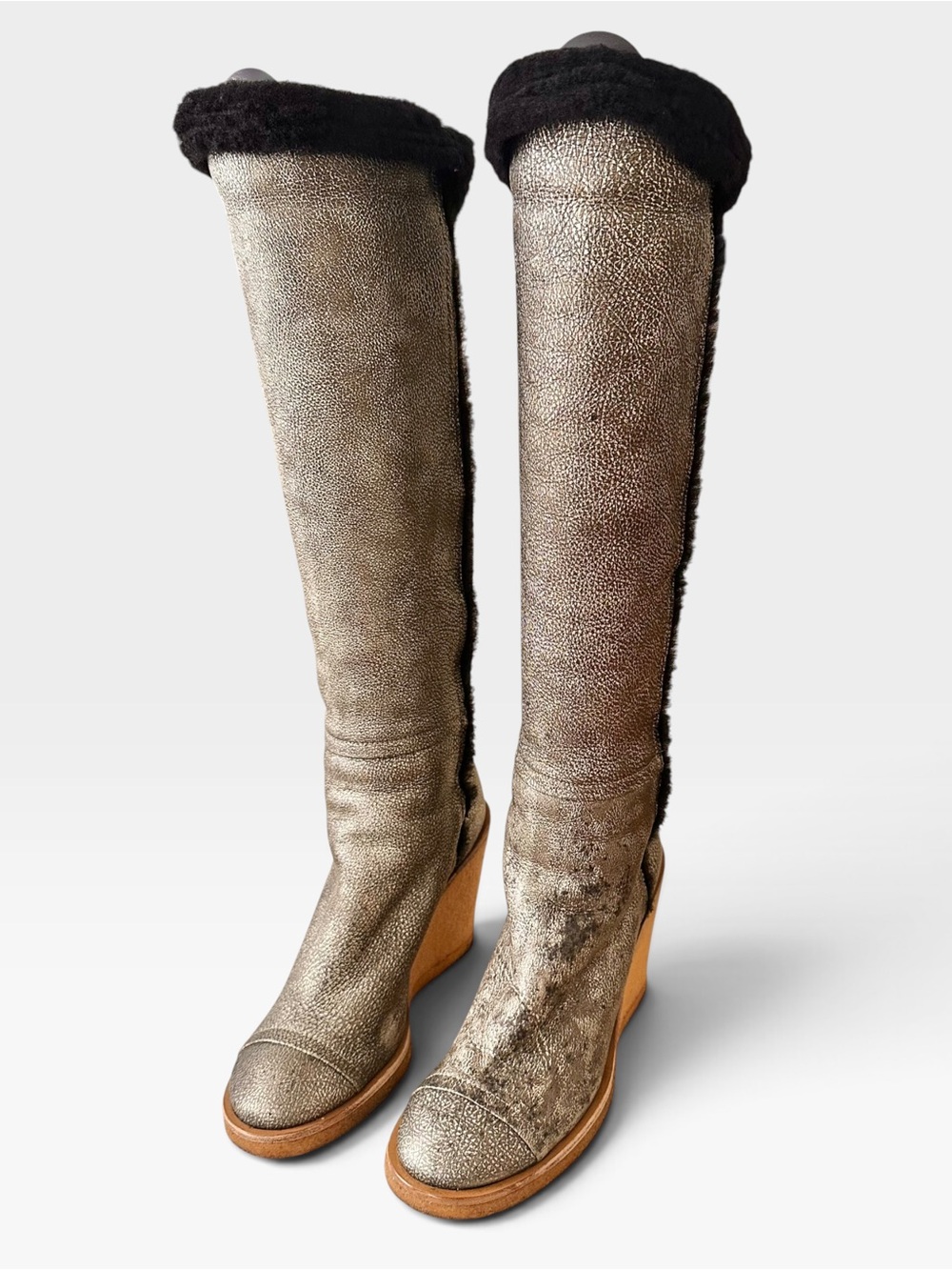 Chanel Karl Lagerfeld Rare Distressed Metallic Sheepskin Shearling Wedge Boot 40